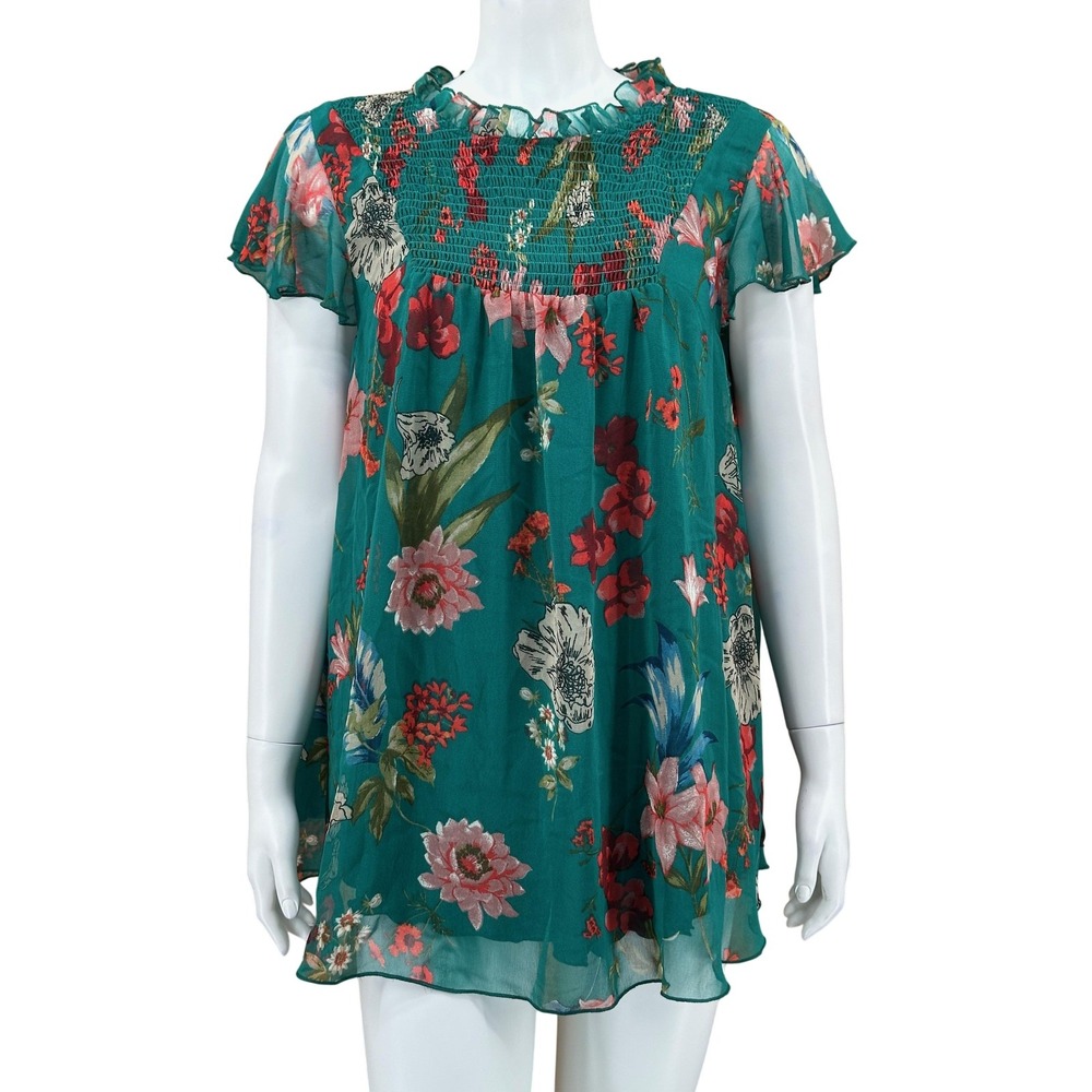 Kate & Mallory Top Womens 1X Green Floral Chiffon Ruffle Smocked Spring Feminine